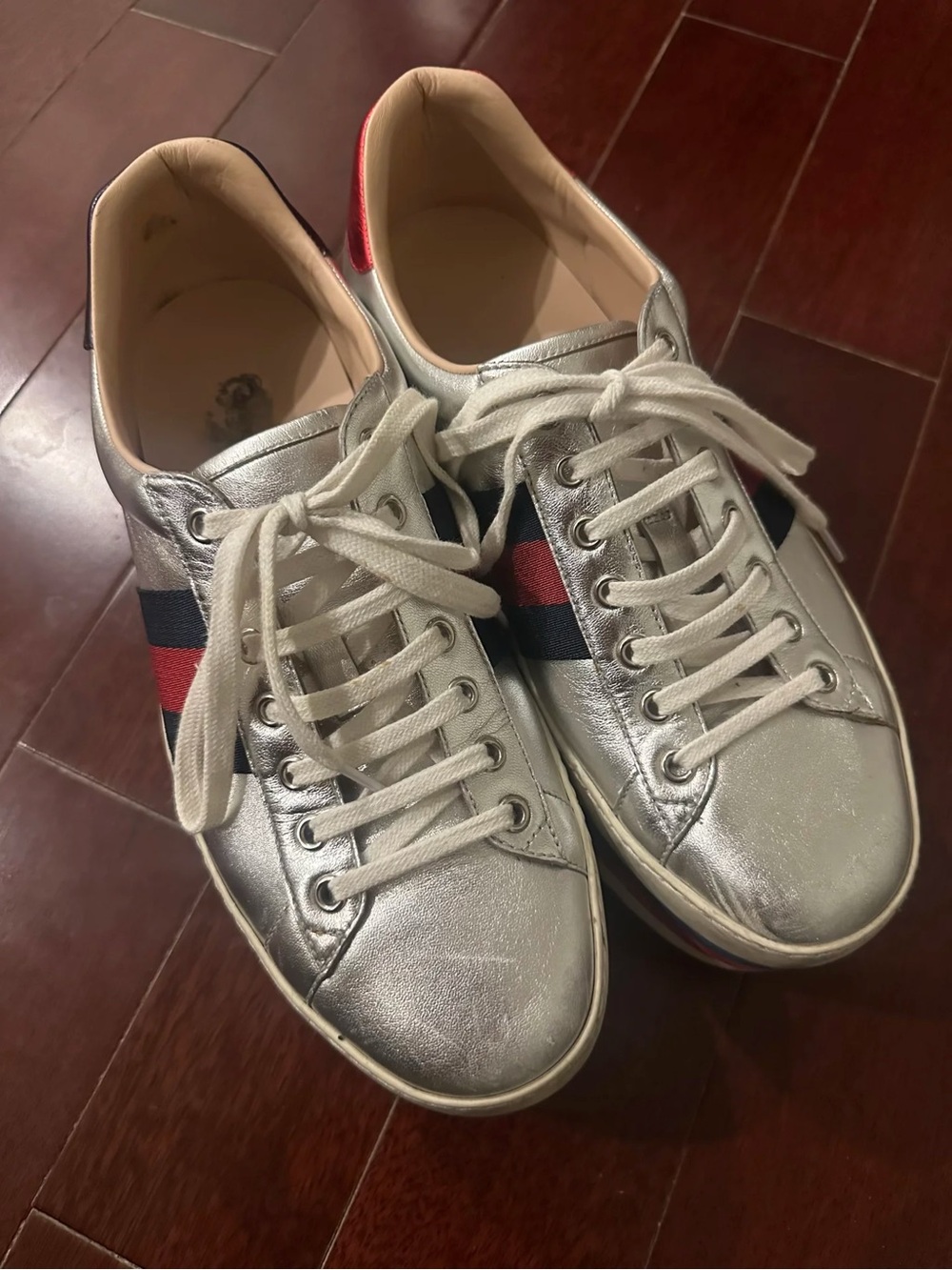 Metallic Silver men's Lace-Up Sneakers with Red & Blue Stripe